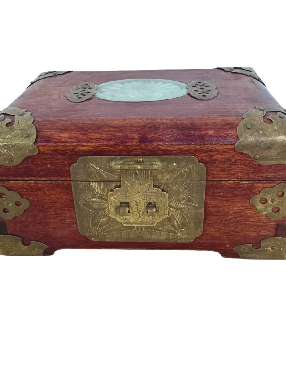 Wood‎ Chinese Jewelry Box Jade Ornate Brass Trimmed MC-134